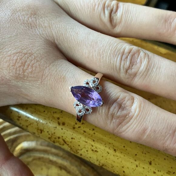 Natural Rose de France Amethyst Marquise Cut Sterling Silver Ring Size 10 - Picture 3 of 8